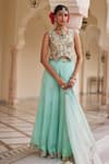 Buy_Nea By Nikita Tiwari_Green Tissue, Organza Embroidery V-neck Metallic Sea Pant Set _at_Aza_Fashions