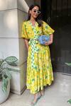 Buy_Surabhi Arya_Yellow Muslin V-neck Lemon Dress With Belt _at_Aza_Fashions