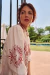 Shop_Nika 1.0_White Cotton Embroidery Collared Red And Shirt _at_Aza_Fashions