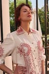 Nika 1.0_White Cotton Embroidery Collared Red And Shirt _Online_at_Aza_Fashions