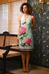 Buy_Rimi Nayak_Blue Bemberg, Satin Embroidery Halter Neck Hydrangea Dress _at_Aza_Fashions
