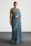 Buy_RI.Ritu Kumar_Blue Viscose, Silk, Chinon, Crepe Embroidery Beige Brocade Jamawar Saree Set _at_Aza_Fashions