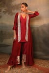 Shop_Jigya Japra_Red Chanderi Mirrors V-neck Cherry Palazzo Shrug Set _at_Aza_Fashions