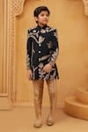 Shop_Petite Pomme_Black Velvet Embroidery Floral Sherwani And Gold Pant _at_Aza_Fashions