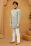 Shop_Arihant Rai Sinha_Green Silk, Cotton Embroidery Pista Sherwani And White Pant Set _at_Aza_Fashions