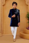 Buy_Arihant Rai Sinha_Blue Velvet, Cotton, Silk Embroidery Sherwani With White Pant _at_Aza_Fashions