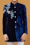 Shop_Petite Pomme_Blue Velvet, Cotton, Silk Embroidery Sherwani With White Pant _at_Aza_Fashions
