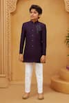 Shop_Petite Pomme_Wine Silk, Cotton Embroidery Sherwani With White Pant Set _at_Aza_Fashions