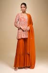 Buy_Samyukta Singhania_Orange Crepe Round Neck Floral Peplum Kurta And Gharara Set _at_Aza_Fashions