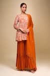 Buy_Samyukta Singhania_Orange Crepe Round Neck Floral Peplum Kurta And Gharara Set _Online_at_Aza_Fashions