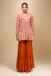 Shop_Samyukta Singhania_Orange Crepe Round Neck Floral Peplum Kurta And Gharara Set _Online_at_Aza_Fashions