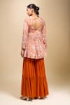 Shop_Samyukta Singhania_Orange Crepe Round Neck Floral Peplum Kurta And Gharara Set _at_Aza_Fashions