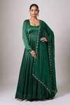 Shop_Samyukta Singhania_Green Satin, Organza Beads Round Neck Dark Anarkali With Dupatta _Online_at_Aza_Fashions