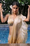 Shop_Foram Patel_Cream Organza V-neck Soft Pre-draped Saree Set 