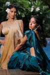Buy_Foram Patel_Teal Organza Round Neck Green Pre-draped Saree Set _Online_at_Aza_Fashions