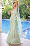 Buy_Foram Patel_Mint Organza Round Neck Green Designer Pre-draped Saree Set _Online_at_Aza_Fashions