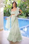 Buy_Foram Patel_Mint Organza Round Neck Green Designer Pre-draped Saree Set _at_Aza_Fashions