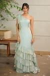 Foram Patel_Sky Blue Organza One Shoulder Designer Dress _Online_at_Aza_Fashions