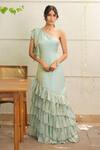 Buy_Foram Patel_Sky Blue Organza One Shoulder Designer Dress _at_Aza_Fashions