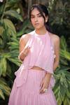 Foram Patel_Pink Organza Embroidery Halter Neck Pastel Designer Blouse And Skirt Set _Online_at_Aza_Fashions
