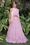 Shop_Foram Patel_Pink Organza Embroidery Halter Neck Pastel Designer Blouse And Skirt Set _Online_at_Aza_Fashions