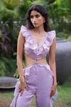 Foram Patel_Lilac Organza V-neck Ruffled Designer Jumpsuit _Online_at_Aza_Fashions