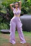 Shop_Foram Patel_Lilac Organza V-neck Ruffled Designer Jumpsuit _Online_at_Aza_Fashions