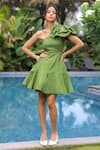 Buy_Foram Patel_Olive Green Rayon One Shoulder Designer Dress _at_Aza_Fashions
