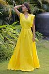 Buy_Foram Patel_Yellow Rayon V-neck Designer Dress _Online_at_Aza_Fashions