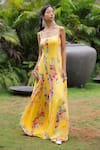 Foram Patel_Yellow Georgette Open Neck Floral Print Dress _at_Aza_Fashions