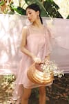 Shop_Marche_Purple Organza, Crepe Round Neck Mauve Shift Dress _at_Aza_Fashions