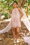 Buy_Marche_Purple Organza, Crepe Halter Neck Mauve Mini Tier Dress _Online_at_Aza_Fashions