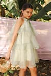 Marche_Green Organza, Crepe Halter Neck Mini Tier Dress _Online_at_Aza_Fashions