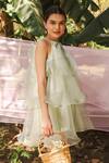 Buy_Marche_Green Organza, Crepe Halter Neck Mini Tier Dress _Online_at_Aza_Fashions