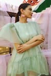Marche_Green Organza, Crepe Round Neck Mini Tiered Dress _Online_at_Aza_Fashions