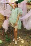 Shop_Marche_Green Organza, Crepe Round Neck Mini Tiered Dress _Online_at_Aza_Fashions