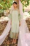 Shop_Marche_Green Organza, Crepe Round Neck Maxi Bow Dress _Online_at_Aza_Fashions