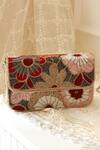 Buy_The Tan Clan_Red Beads, Embroidery Daisy Floral Suede Clutch _at_Aza_Fashions