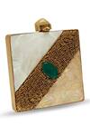 Shop_The Tan Clan_Gold Fabric Flowers, Gemstones Designer Mother Of Pearl Brass Clutch _at_Aza_Fashions