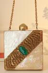 Buy_The Tan Clan_Gold Fabric Flowers, Gemstones Designer Mother Of Pearl Brass Clutch _at_Aza_Fashions