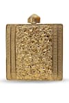 The Tan Clan_Gold Fabric Flowers, Gemstones Designer Mother Of Pearl Brass Clutch _at_Aza_Fashions