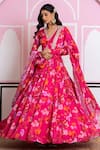 Yuvraani Jaipur_Pink Chinon, Cotton Sequins, Embroidery, Beads V-neck Floral Print Lehenga Set _Online