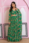Buy_Yuvraani Jaipur_Green Chinon, Cotton, Chiffon Embroidery V-neck Floral Print Lehenga Set _at_Aza_Fashions