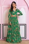 Buy_Yuvraani Jaipur_Green Chinon, Cotton, Chiffon Embroidery V-neck Floral Print Lehenga Set _Online_at_Aza_Fashions