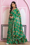 Shop_Yuvraani Jaipur_Green Chinon, Cotton, Chiffon Embroidery V-neck Floral Print Lehenga Set _Online_at_Aza_Fashions