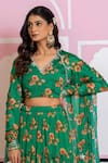 Yuvraani Jaipur_Green Chinon, Cotton, Chiffon Embroidery V-neck Floral Print Lehenga Set _at_Aza_Fashions