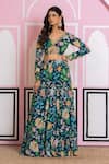 Buy_Yuvraani Jaipur_Blue Chinon, Cotton, Chiffon Embroidery V-neck Floral Print Lehenga Set _Online_at_Aza_Fashions