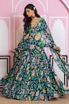Buy_Yuvraani Jaipur_Blue Chinon, Cotton, Chiffon Embroidery V-neck Floral Print Lehenga Set 
