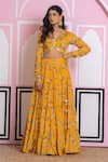 Buy_Yuvraani Jaipur_Yellow Chinon, Cotton, Chiffon Embroidery V-neck Floral Print Lehenga Set _Online_at_Aza_Fashions