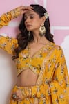 Shop_Yuvraani Jaipur_Yellow Chinon, Cotton, Chiffon Embroidery V-neck Floral Print Lehenga Set _Online_at_Aza_Fashions